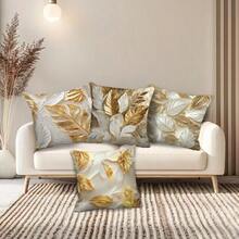2D，4 件华丽风格金色和白色叶子印花抱枕套 - 17.7*17.7 英寸，单面印花，100% 涤纶靠垫套，拉链开合，可机洗，适合客厅、卧室和家居装饰（不含枕芯） - 彩色 - 查看 6