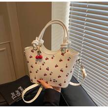Cherry Print Tote Bag For Women, Fashionable Shoulder Sling Bag, Large Capacity Commuter Handbag With Free Cherry Keychain - White - View 2