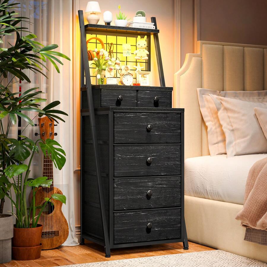 Multi-Functiona Nightstand 6 Storage Drawers Dresser With Wood Surface & Fabric Shelves Bedside Table For Bedroom, Office Or Hallway, Black - Xem 1