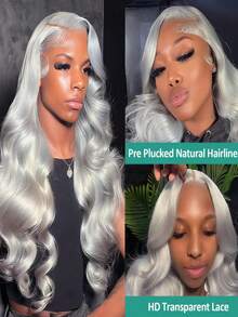 Grey 250 Density Body Wave Lace Front Wigs Human Hair 13x6 HD Transparent Lace Frontal Wigs For Women Undetectable Melted Silver Gray Water Wave Glueless Wigs Human Hair Pre Plucked Bleached Knots With Baby Hair - 灰色 - 查看 3