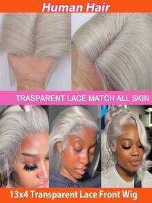 Peluca gris de onda corporal de 32 pulgadas con encaje transparente de 13x4 en la parte delantera, cabello humano brasileño Remy pre-arrancado con cabello de bebé, adecuado para festivales de música, fiestas, cosplay y disfraces de bruja, princesa, hada y sirena para todas las estaciones