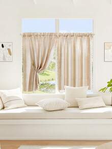 1 pieza Cortina corta de tela similar al lino beige, estilo minimalista japonés con flecos, cortina divisoria/cortina de café, adecuada para decoración de ventanas, armarios y puertas - Beis - Ver 7