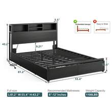 Bed Frame With 6 Storage Drawers & Charging Station Metal Platform Bed Frame With Bookcase Headboard,No Noise,Black - 黑色 - 查看 11