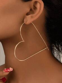 1 Pair Geometric Heart-Shaped Line Hoop Earrings, Suitable For Women's Daily Wear - 銀戒指 - 查看 1