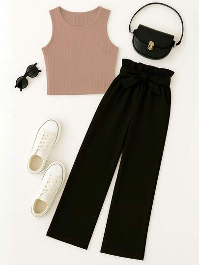 Conjunto juvenil top cropped  sólido e calça estilo pantalona para meninas pré adolescentes  tween, perna larga, adequada para uso diário.