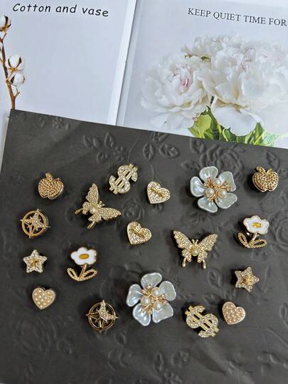 18pcs Detachable Camellia, Golden Pearl Butterfly, Flower, Dollar, Star, Heart, Garden/Beach Shoes Decor, Great Holiday Gift