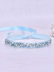 1pc Fashionable Minimalist Wedding Dress Belt, Handmade Banquet Dress Waist Decor, Suitable For Daily Wear And Important Festivals, Light Blue Crystal - Light Blue Ribbon - View 5