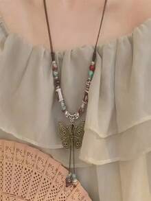 1pc Women's Bohemian Style Vintage Butterfly Pendant Multi-Layer Adjustable Handmade Beaded Necklace