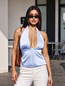 Womens Halter Tank Tops Summer  Solid Color Slim Fit Backless Deep V Neck Sleeveless Shirt - Azul - Ver 2