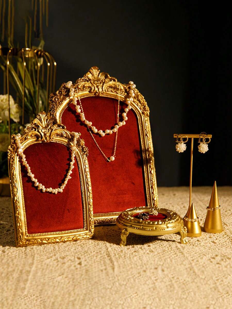 1 قطعة حامل مجوهرات ذهبي وأحمر مزخرف بطراز قديم، عرض أنيق للخواتم والأقراط اللؤلؤية، مناسب لعرض هدايا الزفاف وعيد الحب - متعدد الألوان - مشاهدة 1