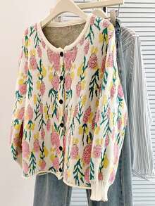 Women's Casual Knit Cardigan - Printed, Elastic Fabric & Long Sleeve, Daily Essential For Fall