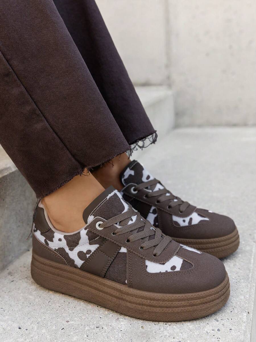 Patterned Thick Sole Sneakers - Cow - View 1