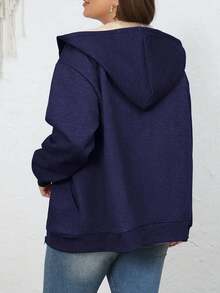 Plus Size Women Warm Fleece Hooded Pocket Casual Jacket, Winter - Navy Blue - View 2