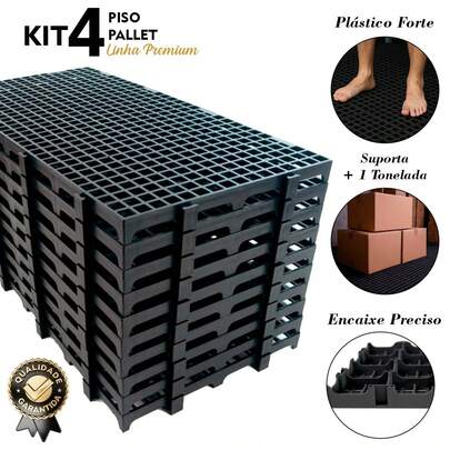 Kit 04 Peças Palete Pallet  Estrado Plástico Preto 25x50x2,8cm Piso Plástico Empilhavel Reforçado Preto