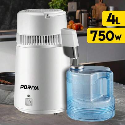 PORIYA 4L Water Distiller Machine, 304 Stainless Steel Water Purifier With 750W Fast Distillation (1.3L/H), Auto Shut-Off, 5 Carbon Filters, For Home, Lab, Office, CPAP