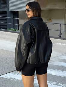 Women's Black Oversized Faux Leather Jacket, Casual Zip - Up Bomber Style - màu đen - Xem 5