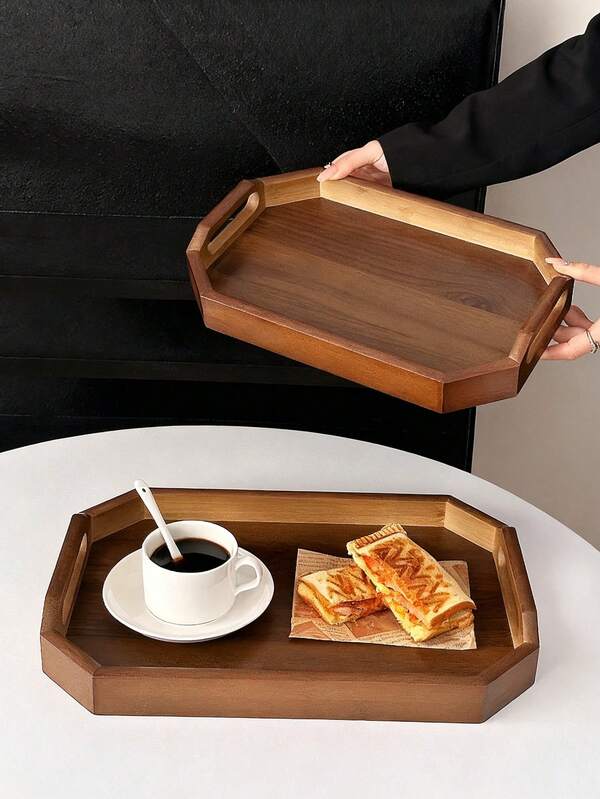 1pc Retro Bamboo & Wood Walnut Color Handled Fruit Cake Rectangular Tray, Elegant Serving Platter, Luxury Tea & Snack Plate, Wooden Tray For Home Use