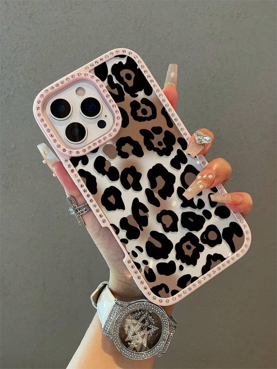 Cheetah,Leopard Print 1pc Luxury Leopard Print Rhinestone Transparent Shiny Phone Case, Compatible With IPhone 17/17 Air/17 Pro/17 Pro Max/16 16 Pro 16 Plus 16 Pro Max 15 14 13 Pro Max 13 12 11, Soft Shock-Proof Anti-Fall Full Coverage Phone Case - Pink - View 1