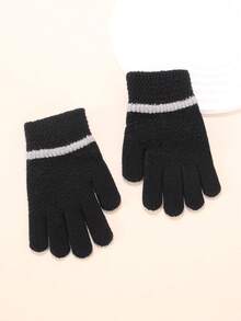 1Pair Soft Textured Knit Children Gloves, Solid Color Striped Cuff Full Finger Gloves For Little Kids Casual Outdoor Wear - Jacquard - View 2