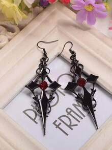 1 Pair Gothic Style Black And Red Bat And Hand Geometric Drop Earrings, Suitable For Party And Holiday Gift For Women - Black - View 8