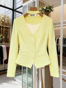 Solid Color Button V-Neck Ribbon Suit Jacket