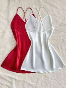 2pcs Solid Color Satin Cross-Strap Women Sleepwear Nightgown Babydoll, Bicolor Luxeloungewear - 彩色 - 查看 2