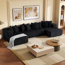 133-Inch Boneless Couch Sofa 4-Seater Chaise Lounge With Reversible Design, Striped Corduroy Fabric In Black – Customizable Living Room Or Bedroom Couch, Freely Configurable Layou - 黑色 - 查看 1