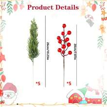 10/20Pcs Christmas Artificial Pine Branches With Red Berry Stems Faux Evergreen Norfolk Pine Cypress Leaves Stems- Fake Foliage Pine Needles Picks For DIY Craft Garland Home Decor.Artificial Holly Berries, Mini Fake Berries Decor Garlands, Home Vase Dining Table Holiday Patio Fireplace Decor Wedding Garden Farmhouse Table Mantel Decor, Artificial Flowers For Outdoors - Multicolor - View 2