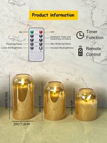3 件无焰蜡烛灯，带定时器/遥控器，电池供电，LED 许愿蜡烛灯，浪漫氛围装饰灯，无烟电子 LED 蜡烛，桌面装饰灯，温暖蜡烛灯，适用于圣诞节、情人节、万圣节、家居、求婚、婚礼、礼物、生日装饰、派对 - 金色 - 查看 9