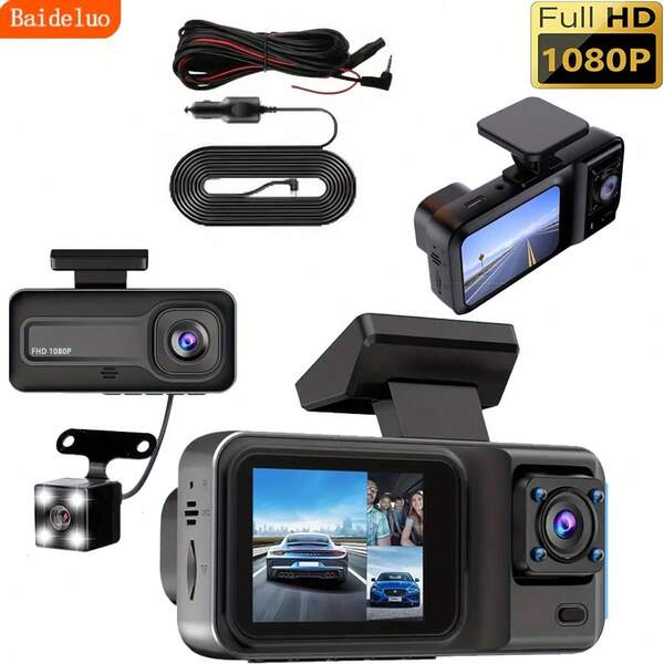 1080P Triple Camera Car Dash Cam – Front/Rear/Inside Recording, With Infrared Night Vision, Loop Recording, Wide-Angle DVR, 2.0-Inch IPS Screen, Dashboard Video Recorder,150mAh Lithium Battery
