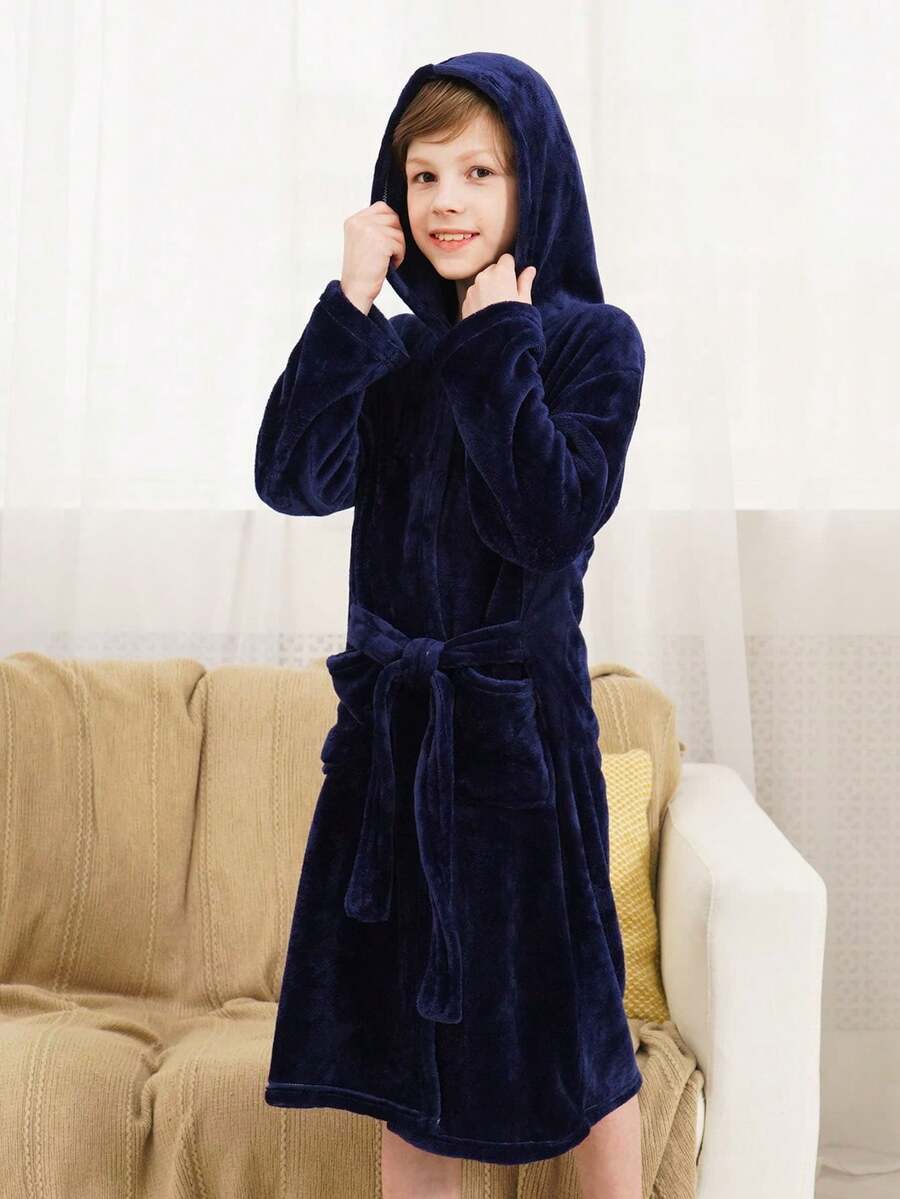 青少年男孩海军蓝色长袖连帽双口袋浴袍家居服 - 藏蓝色 - 查看 1