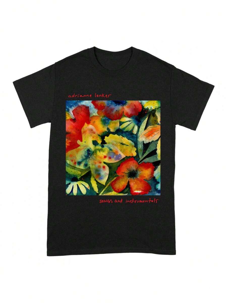 Adrienne Lenker Songs And Instruments Album Cover Black T-Shirt - Soft Relaxed Fit Vintage Floral Art Print With Song Lyrics & Instrumentation - Unisex Music Fan Gift For Birthday, Christmas, Casual Wear - All-Season Breathable Crew Neck Tee, Men Graphic T Shirt, Graphic Tee Men, Men Graphic Tee, T Shirt For Men, Funny Tshirt, Men Clothe, Men Shirt - 黑色 - 查看 1