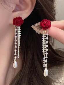 1 Pair Elegant Burgundy Flocked Flower & Pearl Drop Earrings, French Vintage Heart Rose Chain Dangle Earrings For Women Valentines - Red - View 6