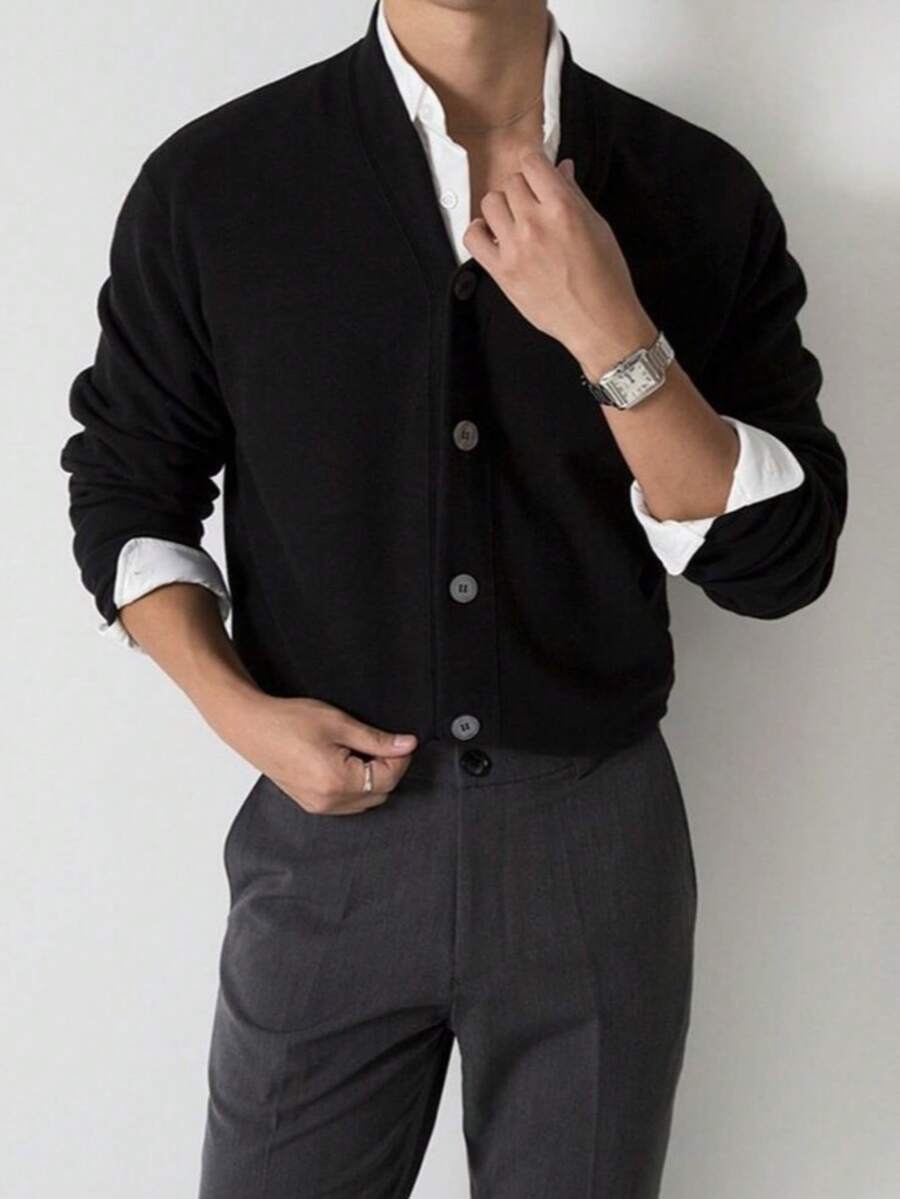 男士纯色长袖单排扣休闲针织开衫，秋冬 - 黑色 - 查看 1