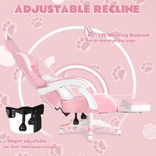 Pink Gaming Chair For Girls With Cat Paw Lumbar Cushion & Cat Ears, Ergonomic Reclining Computer Chair With Footrest & Headrest For Kids & Adults - 白色 - 查看 4