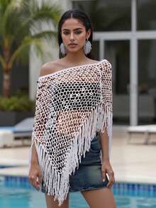 Sequin Crochet Cover Up For Women Hollowed Tassel Off Shoulder Knitted Poncho  Coverup Tops - trắng - Xem 2