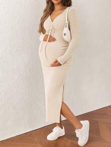 Maternity Ribbed Knit V-Neck Ruched Drawstring Split Midi Bodycon Dress, Long Sleeve, Casual Style, Medium Stretch