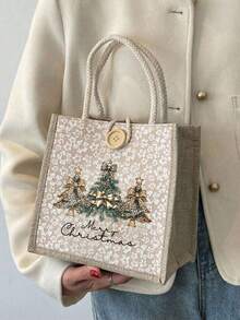 1pc Christmas Print Linen Tote Bag, Reusable Printed Women'S Tote Bag, Double Handle Shopping School Bag, Large Capacity Shoulder Bag, Casual Tote Bag, Christmas Storage Bag, Suitable For Commuting, School And Shopping, Convenient For Outdoor Use, Gift For Friends And Besties, Teacher Gift, Perfect Choice For Vacation And Festival