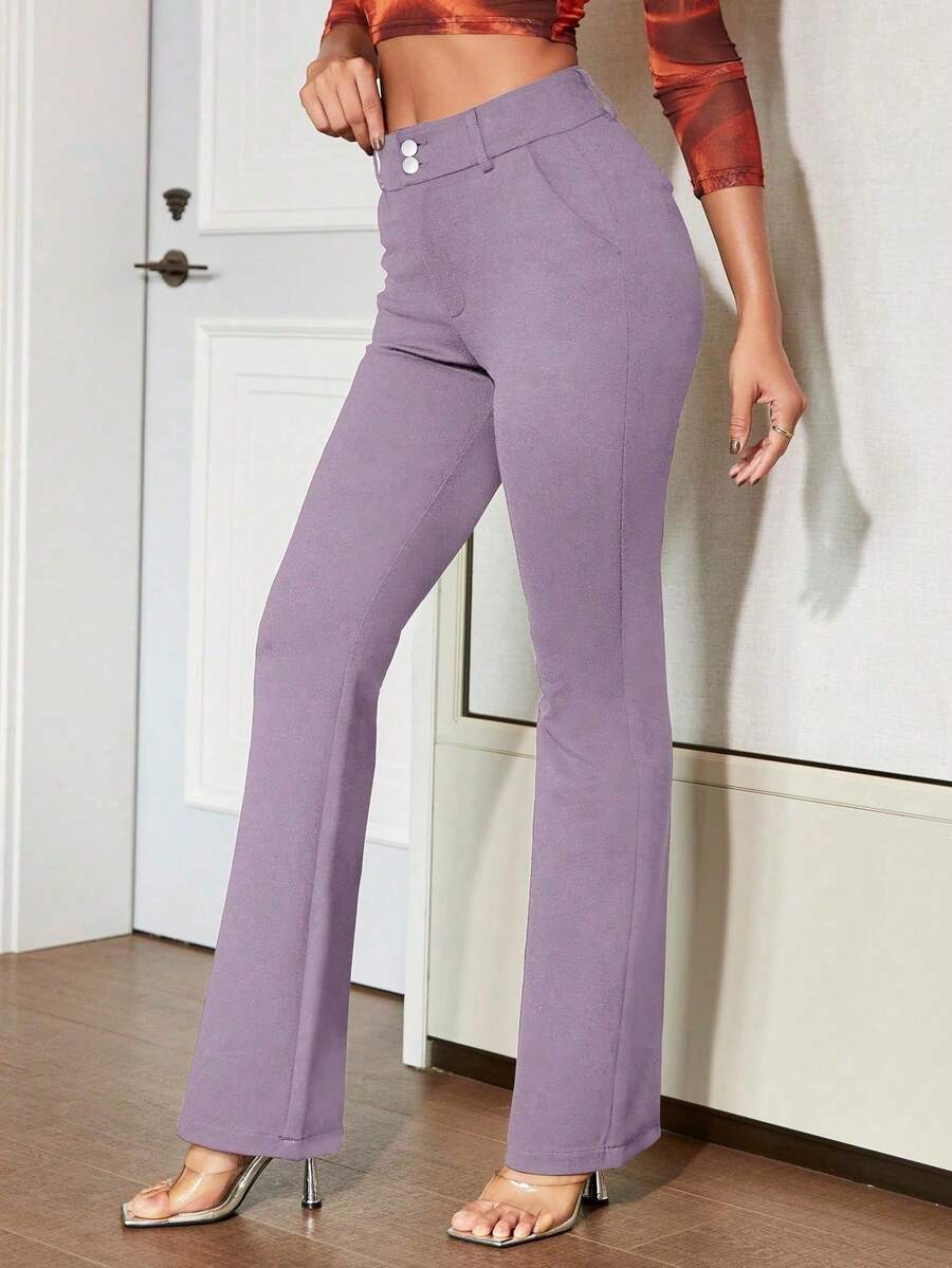 Apperloth A Elegant Solid Zipper Double Button Slant Pocket Back Elastic Waist Wide Leg Slim Fit Work Pants For Women Dress Pants Trousers