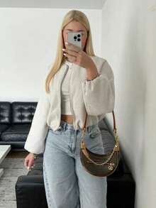 Simple Versatile Daily Solid Color Zip-Up Short Jacket With Pockets, Soft Zip-Up Long Sleeve Jacket, Women Casual Full Set Long Sleeve Outerwear, Autumn/Winter Spring - Beige - View 9