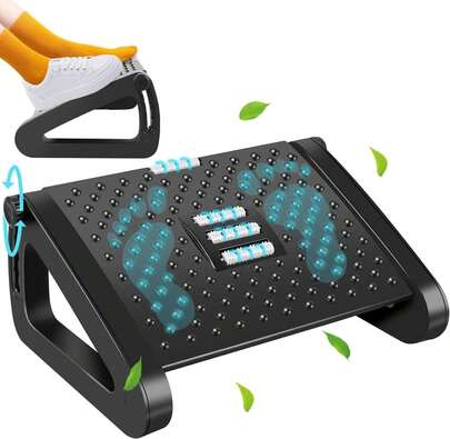 Reposapies Oficina, Ergonómico Reposa Pies con Rodillos de Masaje, Descansa Pies para Escritorio, 6 Alturas Ajustables Aliviar la Presión, Apto para Descalzo o con Zapatos, Fácil de Limpiar