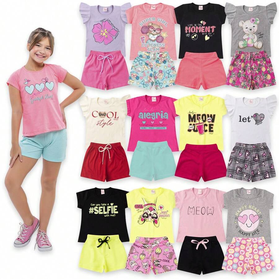 Kit 10 Peças de Roupas Infantil Menina Verão - Promoção - Kit 5 Conjuntos Menina Infantil Barato - 2 ao 12