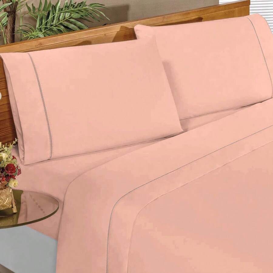 Ponto Palito Bed Sheet Set Kit Single/Double/Queen/King MicroPercal 4 Pieces With Pillowcase 400 Thread Count - 乾枯玫瑰色 - 查看 1