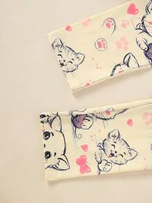 2 件套女童休闲可爱猫咪、花朵、蝴蝶结印花轻盈柔软针织面料长袖 T 恤和裤子套装，秋冬 - 黃色 - 查看 7