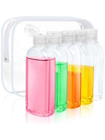 Zestaw 5 butelek podróżnych z certyfikatem TSA, szczelne, 100 ml (3,4 uncji) z możliwością ponownego napełniania, na szampon, odżywkę i balsam, niezbędne akcesoria podróżne na wakacje, urocze butelki na kosmetyki z funkcją wyciskania