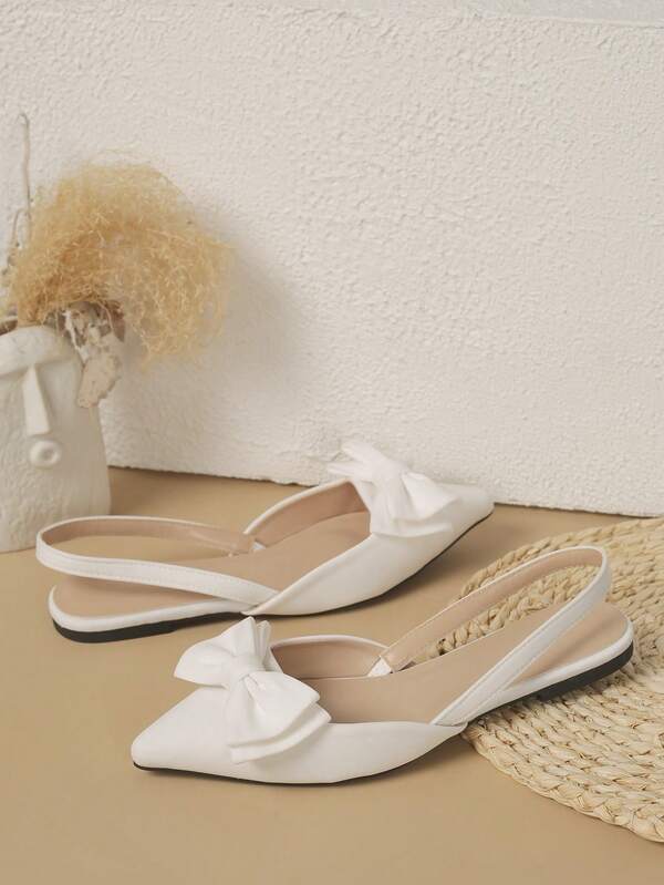 Sandalias planas cómodas con punta puntiaguda, decoración de lazo y tira trasera para mujer, adecuadas para salidas casuales y uso diario