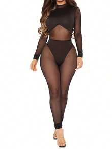 Sexy Black See-Through Jumpsuit Women 2024 - Stretchy Mesh Clubwear One-Piece Bodysuit Night Out Outfit
