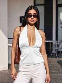 Womens Halter Tank Tops Summer  Solid Color Slim Fit Backless Deep V Neck Sleeveless Shirt - White - View 2