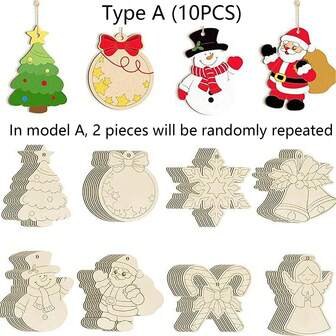 10 st hängande juldekorationer, tomma träskivor för DIY-handmålning och laserskurna julgransdekorationer