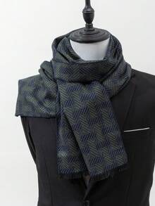 1 件男士新款时尚商务休闲几何条纹流苏围巾，温暖百搭，适合秋冬外套 - 彩色 - 查看 3